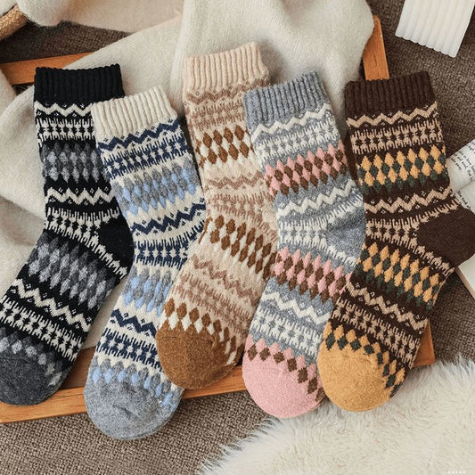 FancyJoys | Nordic Fair Isle Vintage Wool Socks - Cozy Ethnic Pattern Knitted Crew Socks(5 Pairs)