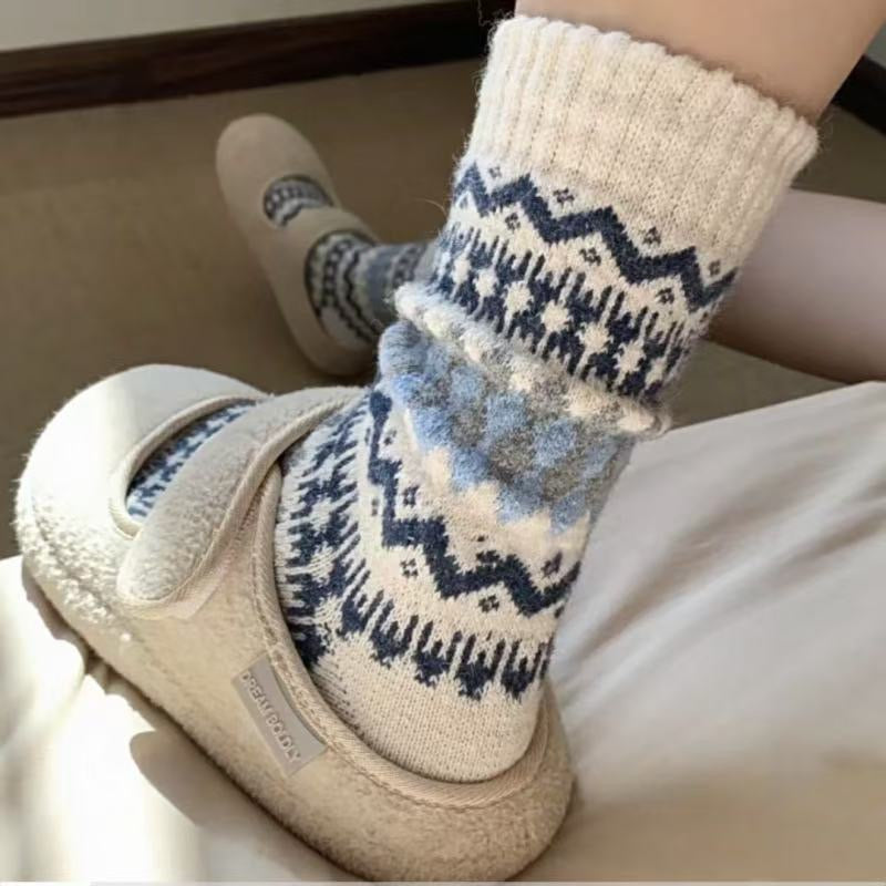 FancyJoys | Nordic Fair Isle Vintage Wool Socks - Cozy Ethnic Pattern Knitted Crew Socks(5 Pairs)