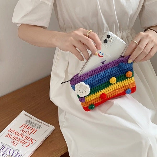 Fancyjoys® Handmade Rainbow Knit Coin Purse – Cute Mini Wallet, Card Holder & Clutch – Unique Gift for Women, Perfect for Coins & Cards