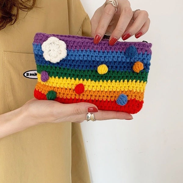 Fancyjoys® Handmade Rainbow Knit Coin Purse – Cute Mini Wallet, Card Holder & Clutch – Unique Gift for Women, Perfect for Coins & Cards