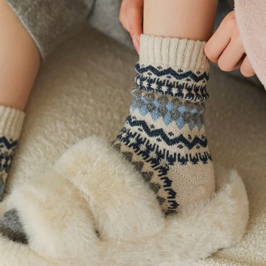 FancyJoys | Nordic Fair Isle Vintage Wool Socks - Cozy Ethnic Pattern Knitted Crew Socks(5 Pairs)