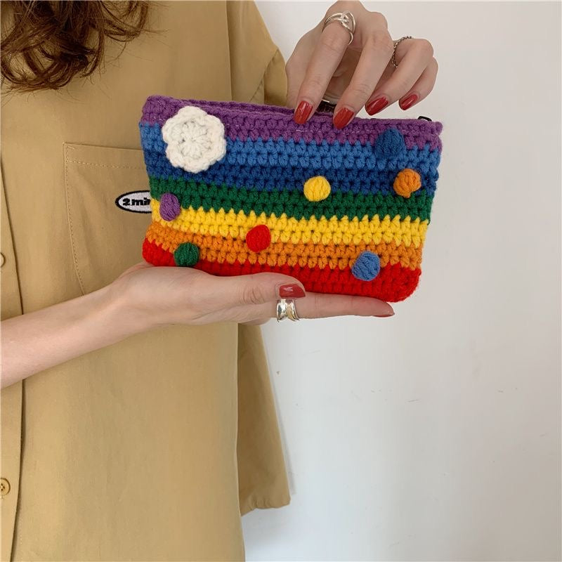 Fancyjoys® Handmade Rainbow Knit Coin Purse – Cute Mini Wallet, Card Holder & Clutch – Unique Gift for Women, Perfect for Coins & Cards