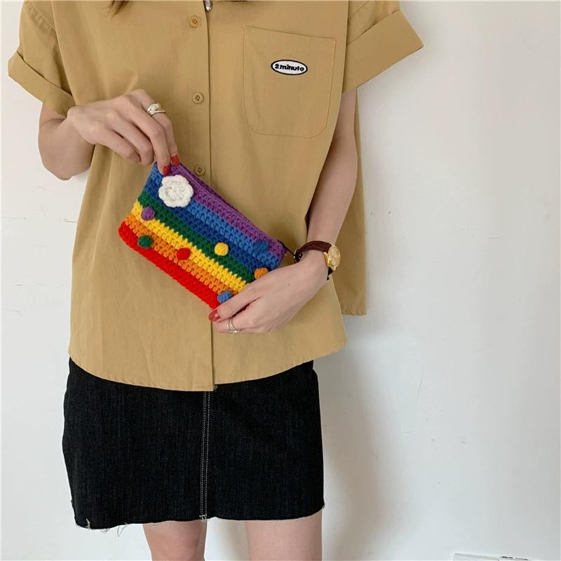 Fancyjoys® Handmade Rainbow Knit Coin Purse – Cute Mini Wallet, Card Holder & Clutch – Unique Gift for Women, Perfect for Coins & Cards