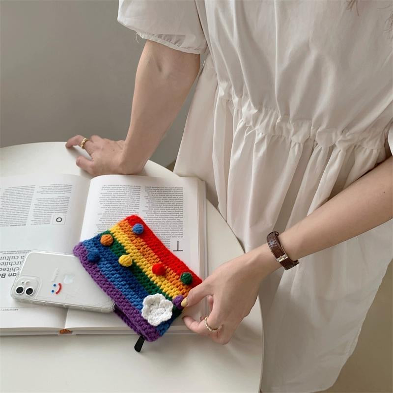 Fancyjoys® Handmade Rainbow Knit Coin Purse – Cute Mini Wallet, Card Holder & Clutch – Unique Gift for Women, Perfect for Coins & Cards