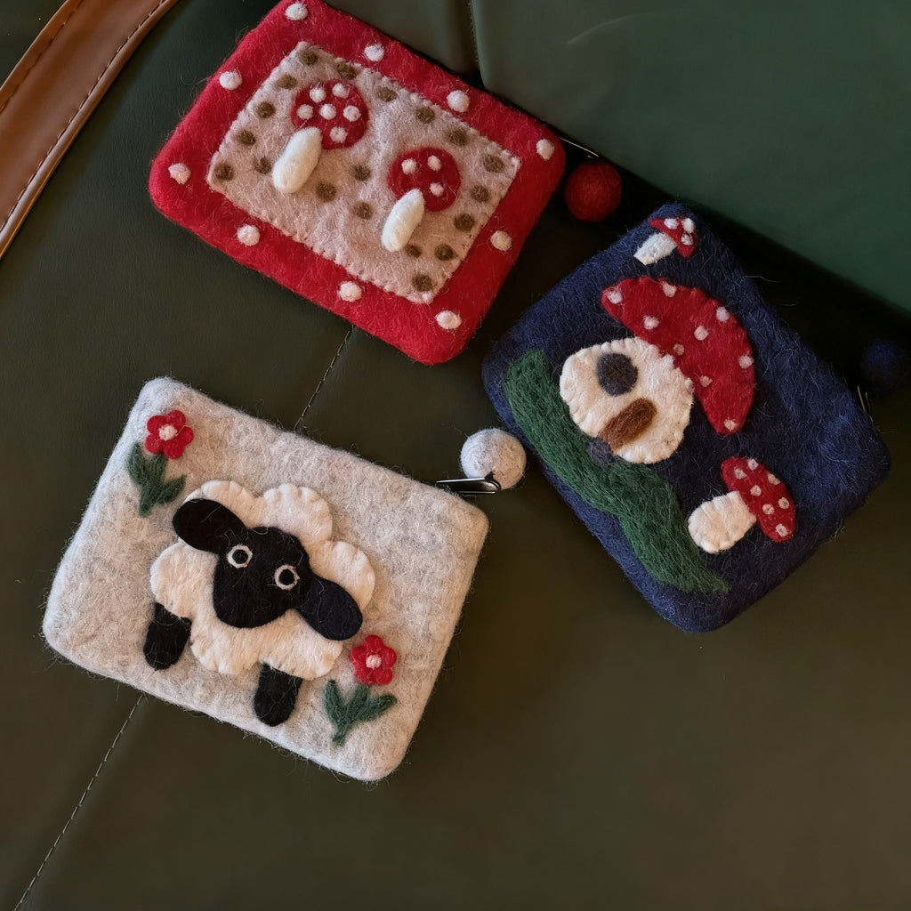 Fancyjoys® Handmade Wool Felt Coin Purse – Cute Mushroom & Sheep Card Holder, Small Wallet for Women & Girls